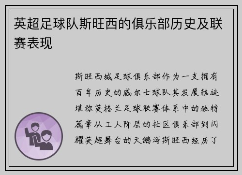 英超足球队斯旺西的俱乐部历史及联赛表现